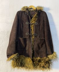 YOOX Brown Suede Fur Trimmed Toggle Coat
