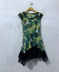 Green Circle Pattern Dress with Black Ruffle Hem