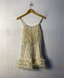 Sequin and Feather Trim Slip Dress