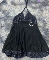 Black sequined halter mini dress