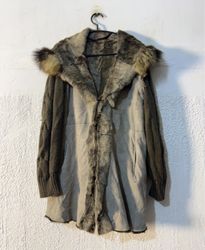 Women's Fur Trimmed Hooded Coat with Knit Sleeves
