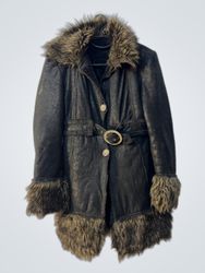 Black faux fur trimmed coat with buckle belt
