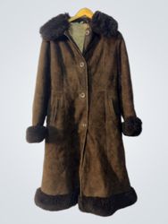 Brown Suede Shearling Coat with Fur Trim