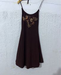 Brown spaghetti strap dress with floral embroidery