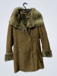 CAROLL Brown Suede and Fur Trimmed Coat