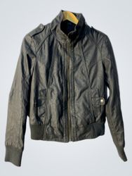 Grey Faux Leather Bomber Jacket