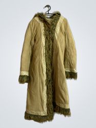 Long Tan Coat with Fur Trim