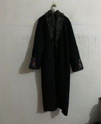 Black Embroidered Coat with Fur Collar