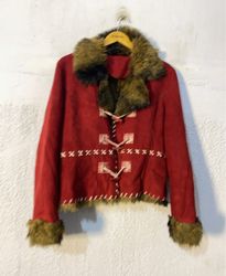 Red Suede-like Jacket with Fur Trim and Toggle Clo..