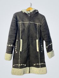 CRACKER Black Embroidered Faux Suede Coat with Fau..