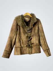 Brown Suede-like Jacket with Fur Collar and Toggle..