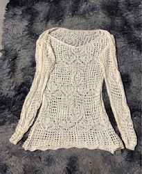 Cream Crochet Long Sleeve Tunic Top