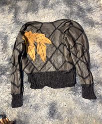 Leather Patchwork Sweater with Leaf Applique