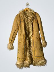Brown Suede-like Coat with Fur Trim and Embroidery