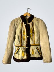 Cream Embroidered Jacket with Brown Fur Trim