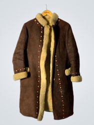Brown Suede Shearling Lined Coat with Embroidery