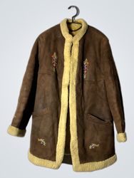 Brown Suede Sheepskin Coat with Embroidered Flower..