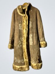 Brown Suede Embroidered Coat with Fur Trim