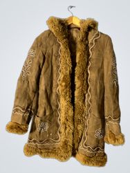 Brown Suede Coat with Fur Trim and Embroidery