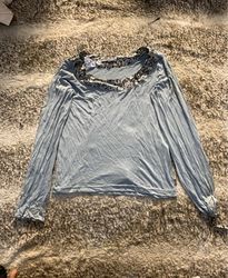 Blue Long Sleeve Top with Floral Collar