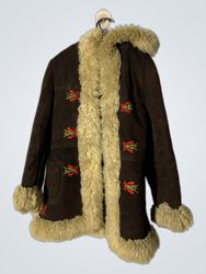 Brown Suede Sheepskin Lined Jacket with Embroidery