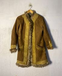 Brown Suede Coat with Yellow Embroidery and Fur Tr..