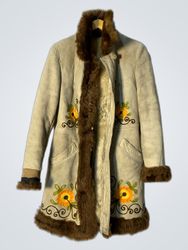 Women's Beige Embroidered Faux Fur Trimmed Coat