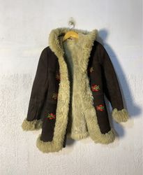 Brown Suede Shearling Coat with Embroidered Detail..
