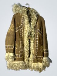 Brown Suede Sheepskin Coat with Fur Trim and Embro..