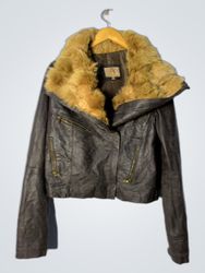 HFN Women's Brown Leather Fur Collar Jacket