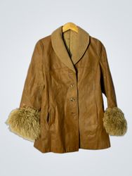 Brown Leather Jacket with Fur Cuffs