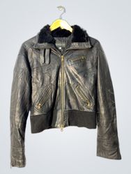 ROSSODISERA Black Leather Jacket with Fur Collar