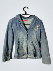 Women's Blue Denim Jacket with Floral Embroidery
