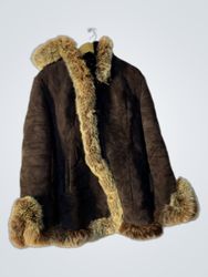 Brown Suede Coat with Fur Trim and Hood