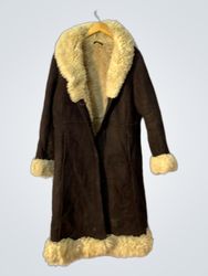 Brown shearling coat with cream trim