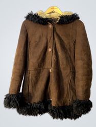 Brown Suede Jacket with Fur Trim and Hood