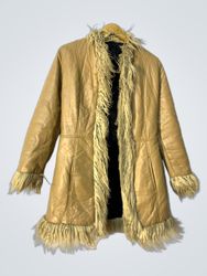 Tan faux leather coat with fur trim