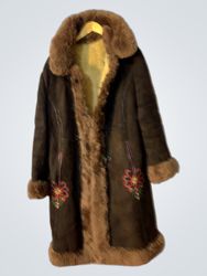 Brown Suede Shearling Coat with Embroidered Floral..