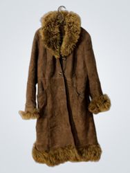 BOSS Brown Suede Fur Trimmed Long Coat