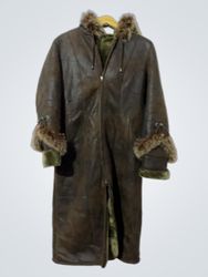 Brown Leather Coat with Fur Trim