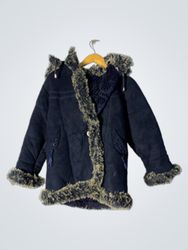 Navy blue hooded jacket with faux fur trim