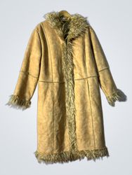 Tan Faux Suede and Fur Trimmed Long Coat