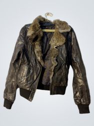 Men's Brown Leather Bomber Jacket with Fur Collar
