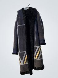 Dark Colored Long Coat with Fur Lining and Geometr..