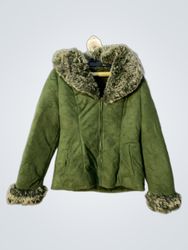 Green Faux Suede Jacket with Fur Trim