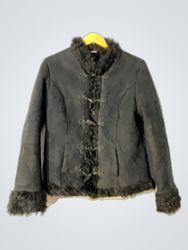 Black Faux Suede Jacket with Fur Trim