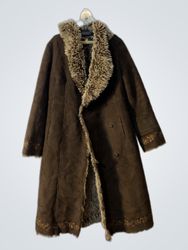Brown Faux Fur Trimmed Coat with Embroidery