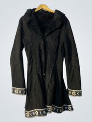 Black Coat with Faux Fur Collar and Embroidered Cu..