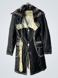 Black Faux Leather Coat with Fur Trim