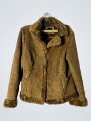Women's Brown Faux Suede Fur Trim Jacket